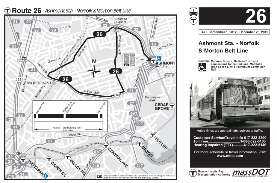 This page is the MBTA map of bus Route 26, between Ashmont Station and Norfolk and Morton Belt Line.